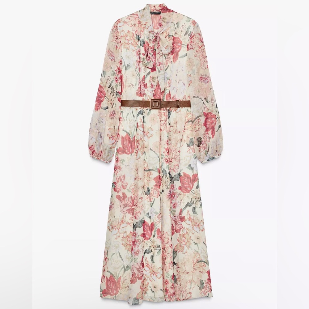 Zara Floral Midi Dress with Belt - Pink and Cream